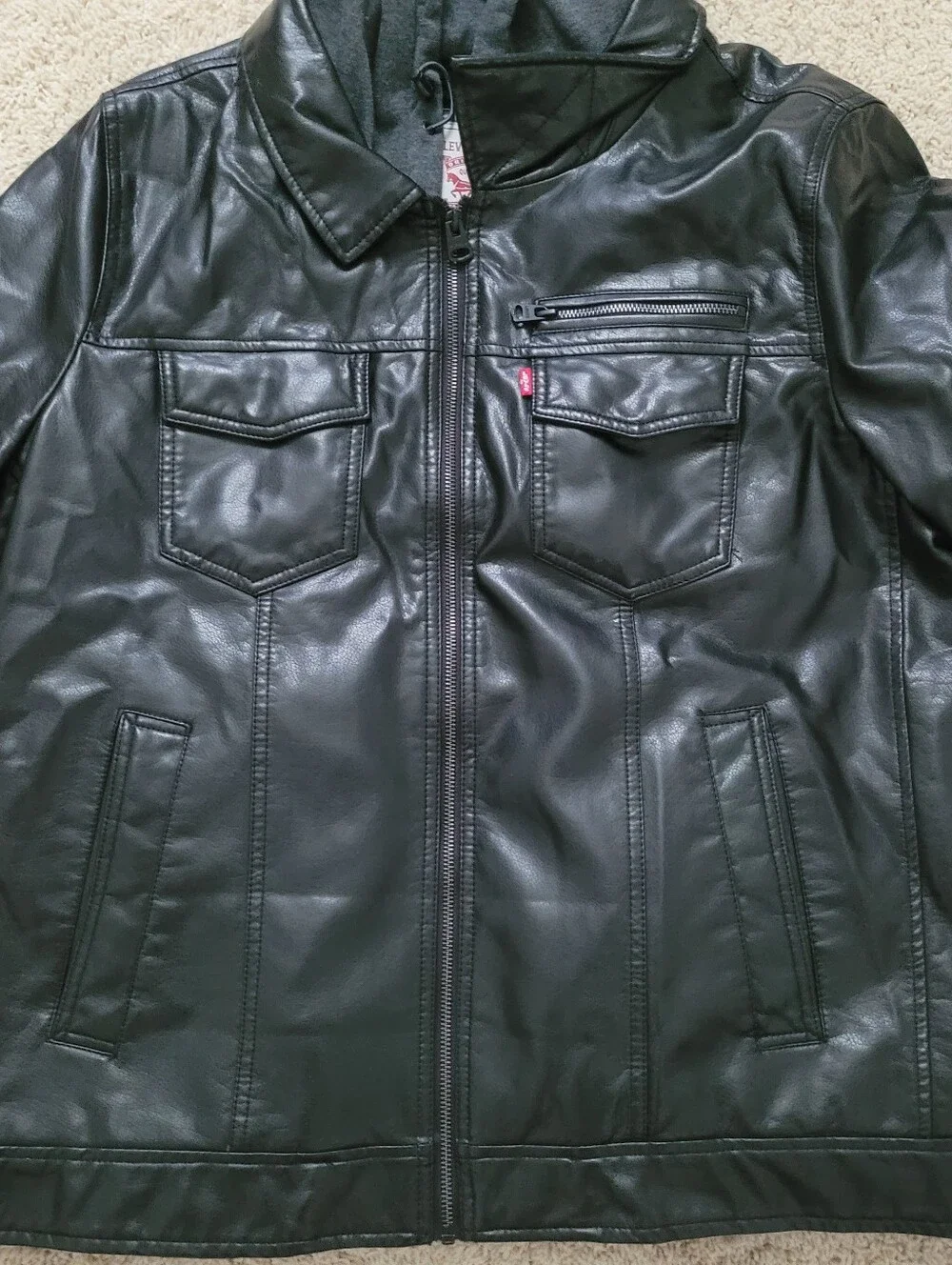 Levi Strauss Mens Black Faux Leather Moto Trucker Hoodie Layer Jacket  L
